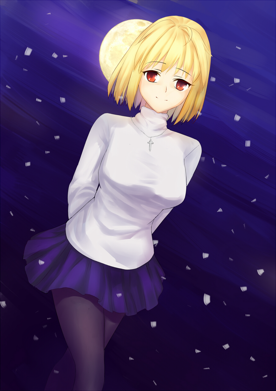 1girl ahoge arcueid_brunestud arms_behind_back black_cat_ronaldinho blonde_hair cross crucifix full_moon highres jewelry looking_at_viewer miniskirt moon necklace pantyhose red_eyes short_hair skirt smile solo turtleneck type-moon walking