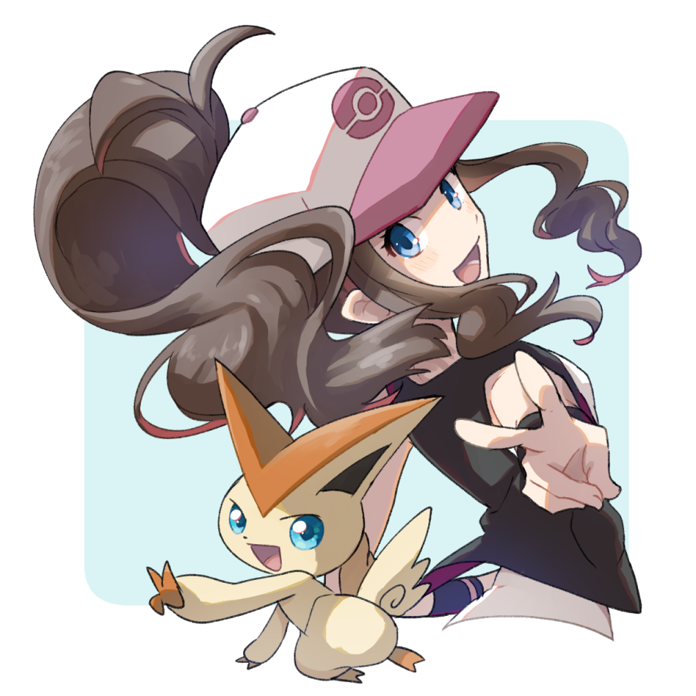 1girl blue_eyes blush brown_hair double_v floating_hair hat laughing legendary_pokemon long_hair looking_at_viewer miu_(miuuu_721) open_mouth pokemon pokemon_(game) pokemon_bw simple_background smile touko_(pokemon) v victini