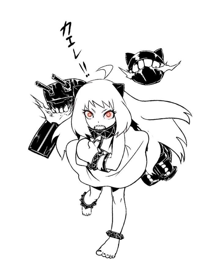 1girl ahoge barefoot darkmaya gloves kantai_collection long_hair northern_ocean_hime red_eyes sharp_teeth simple_background spot_color translation_request turret white_background