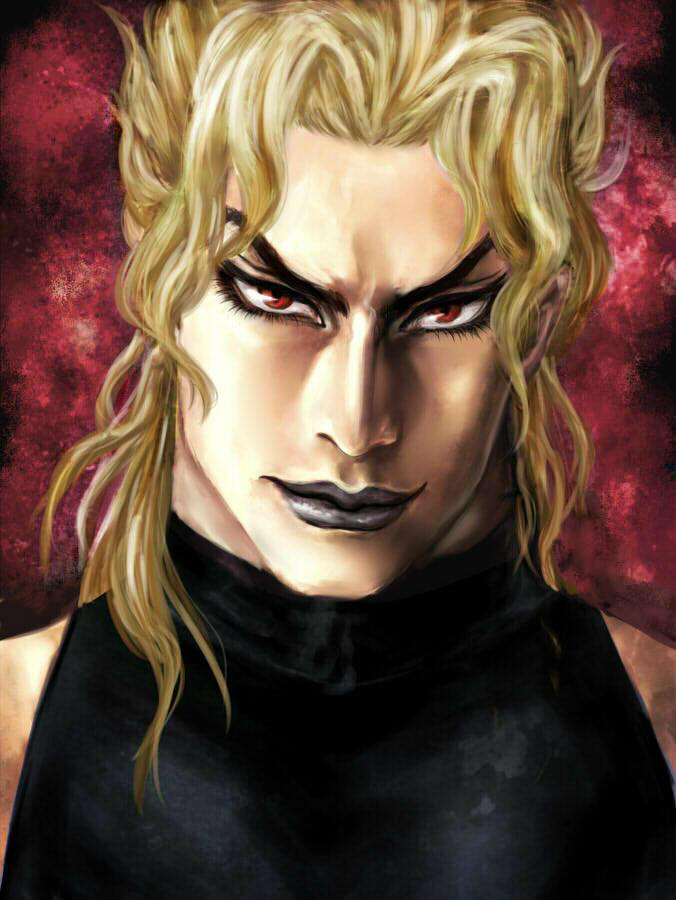 black_lipstick blonde_hair dio_brando eyelashes eyeliner face jojo_no_kimyou_na_bouken lipstick makeup mascara portrait red_background red_eyes sabano_(haldir)