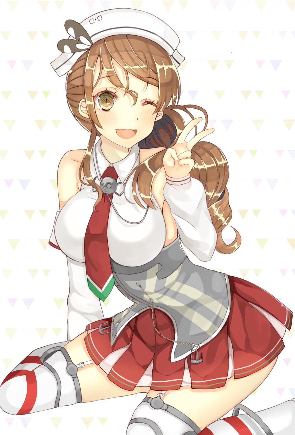 1girl breasts brown_eyes brown_hair hat highres kantai_collection littorio_(kantai_collection) long_hair nan_(jyomyon) necktie one_eye_closed ponytail smile solo v