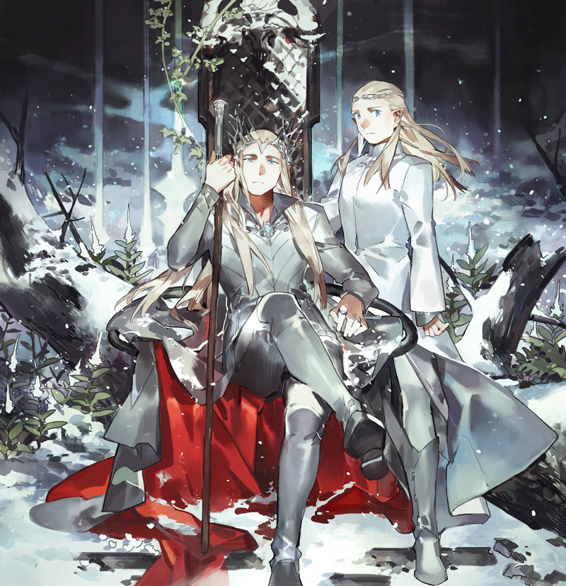 2boys blonde_hair blue_eyes boots coat crossed_legs crown elf father_and_son leaf legolas long_hair looking_at_viewer lord_of_the_rings male_focus multiple_boys pants pointy_ears sitting snow snowing standing starshadowmagician thranduil throne tree