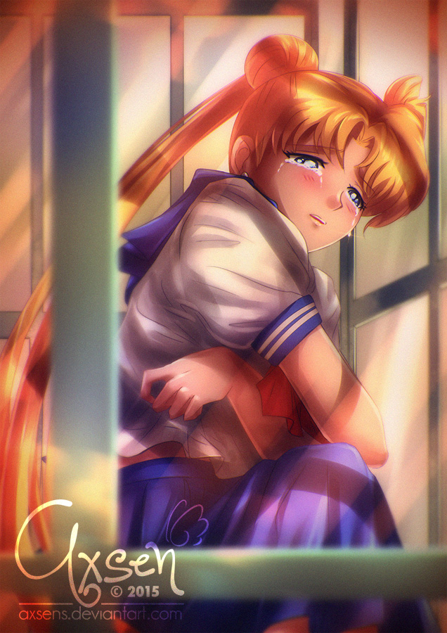 axsen bishoujo_senshi_sailor_moon blonde_hair blue_eyes blurry crying depth_of_field double_bun glass long_hair sad school_uniform serafuku signature tears tsukino_usagi very_long_hair watermark web_address window