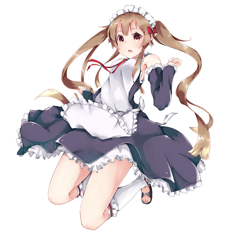 1girl bobby_socks brown_eyes brown_hair detached_sleeves long_hair looking_at_viewer maid maid_headdress monobe_tsukuri myucel_foalan outbreak_company pointy_ears simple_background socks solo twintails very_long_hair white_background