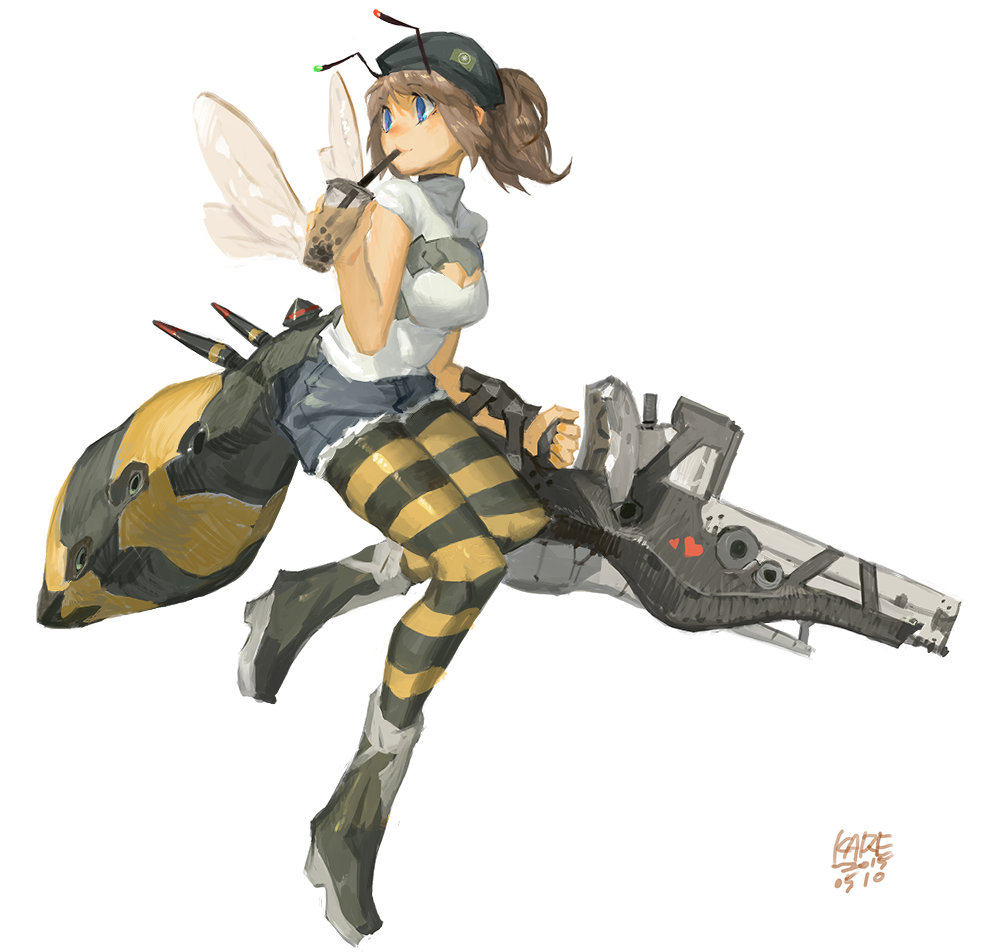 1girl antennae bee bee_girl beret blue_eyes brown_hair cleavage_cutout dated denim denim_shorts drinking_glass drinking_straw gun hat insect_girl insect_wings original ponytail shirt shorts signature simple_background solo standing_on_one_leg striped striped_legwear thigh-highs tommy830219 weapon white_background white_shirt wings