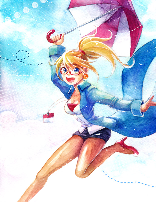 alternate_costume blonde_hair earrings glasses high_heels janna_windforce jewelry league_of_legends miniskirt mizoreame name_tag open_mouth ponytail skirt umbrella