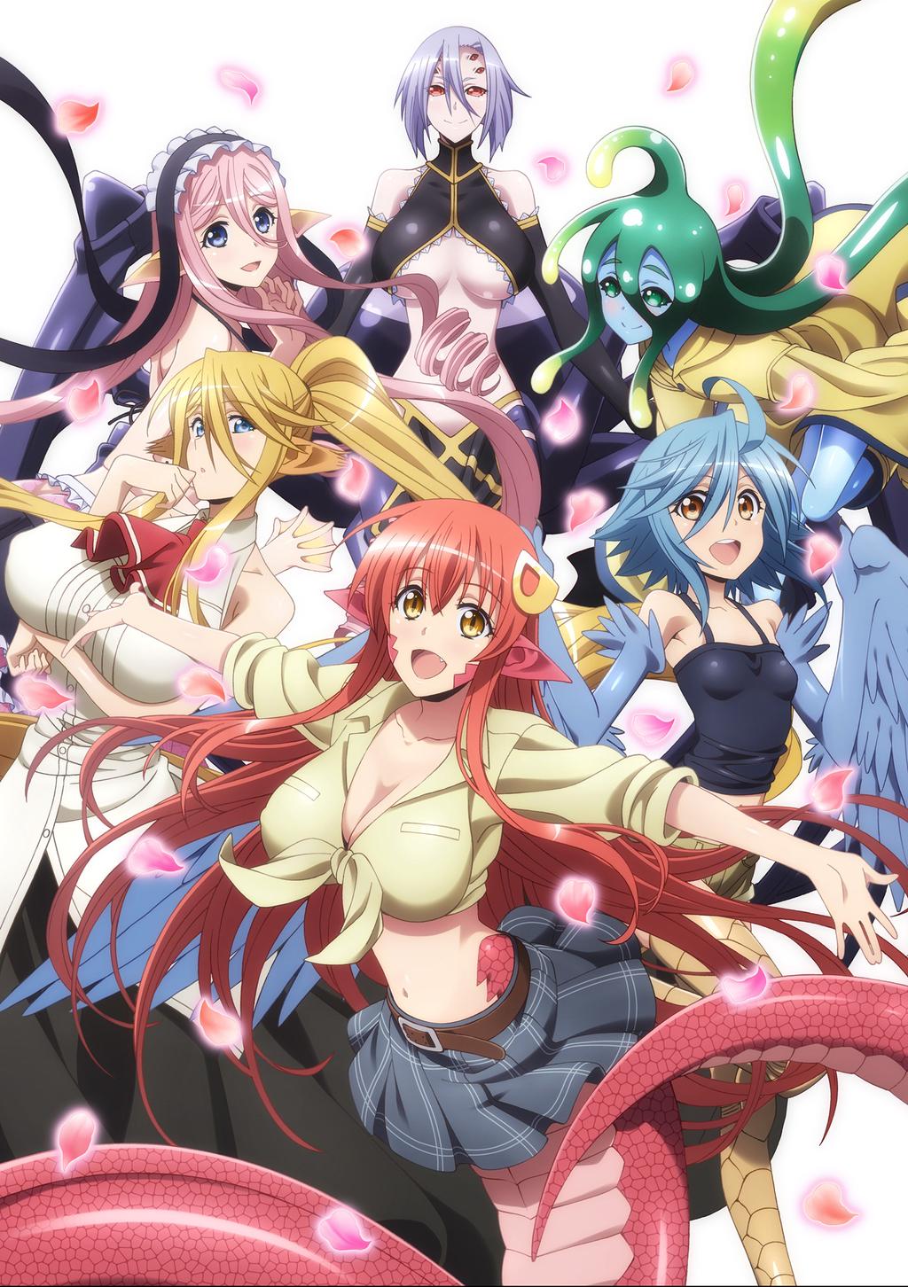 6+girls :d ahoge animal_ears arachne blonde_hair blue_hair blue_skin blue_wings boots breasts camisole centaur centorea_shianus cleavage drill_hair extra_eyes fang feathered_wings goo_girl green_eyes green_hair hair_ornament hairclip harpy head_fins highres horse_ears huge_breasts insect_girl lamia long_hair maid_headdress mermaid meroune_lorelei miia_(monster_musume) monster_girl monster_musume_no_iru_nichijou multiple_girls multiple_legs navel official_art open_mouth papi_(monster_musume) payot petals pink_hair pointy_ears ponytail purple_hair rachnera_arachnera raincoat red_eyes redhead rubber_boots scales scan shirt skirt sleeveless slit_pupils small_breasts smile spider_girl suu_(monster_musume) tentacle_hair tied_shirt under_boob very_long_hair webbed_hands wings yellow_boots yellow_eyes