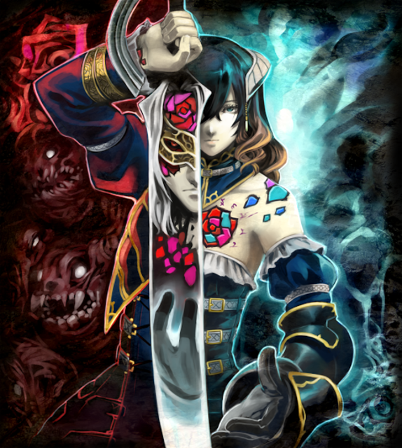 1boy 1girl black_hair bloodstained:_ritual_of_the_night blue_eyes brown_hair detached_sleeves gauntlets gebel_(bloodstained) gradient_hair hair_between_eyes hair_ornament looking_at_viewer mask miriam_(bloodstained) multicolored_hair natsume_yuji official_art pale_skin red_eyes short_hair silver_hair stained_glass sword weapon