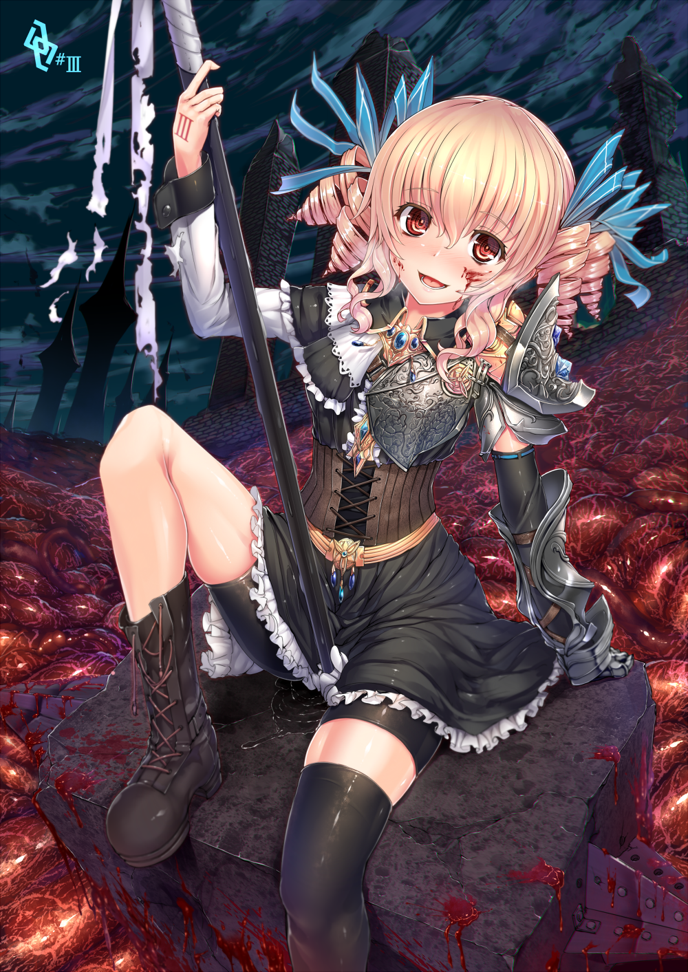 1girl armor armored_dress asymmetrical_clothes bike_shorts black_dress black_legwear blonde_hair blood blood_on_face bloody_weapon boots clouds cloudy_sky corset cross-laced_footwear dress drill_hair food gauntlets hair_ribbon hammer highres huge_weapon kantarou_(nurumayutei) long_sleeves looking_at_viewer meat open_mouth original red_eyes ribbon single_thighhigh sitting sky slime smile solo thigh-highs tower weapon