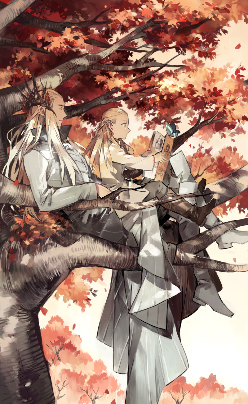 2boys blonde_hair blue_eyes book boots butterfly closed_eyes coat crown drooling elf father_and_son from_side highres in_tree knee_boots legolas long_hair lord_of_the_rings male_focus multiple_boys nature outdoors pointy_ears profile reading sitting sitting_in_tree sitting_on_lap sitting_on_person sleeping starshadowmagician thranduil tree