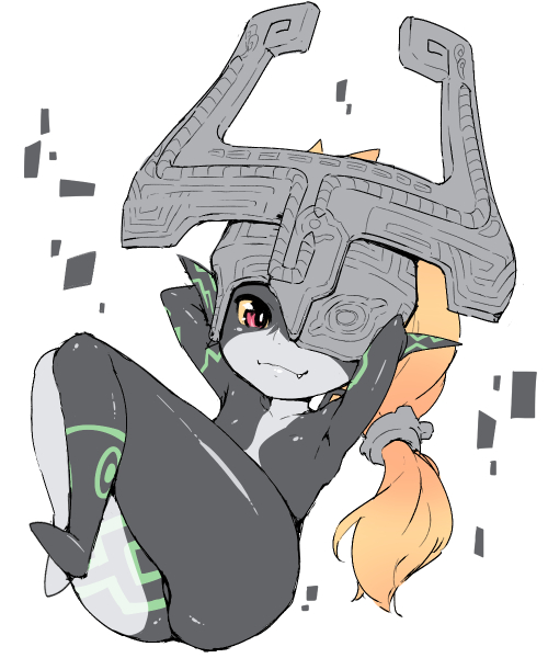 1girl armpits arms_behind_head fang flat_chest full_body helmet imp legs_together long_hair midna no_nipples no_toes one_eye_covered pointy_ears red_eyes smile solo the_legend_of_zelda torathi twilight_princess yellow_sclera