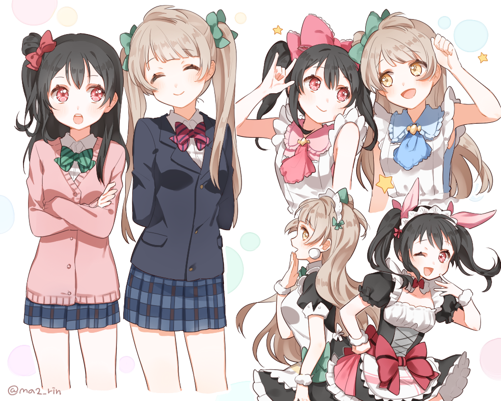 2girls alternate_hairstyle black_hair blush brown_hair hairstyle_switch korekara_no_someday long_hair love_live!_school_idol_project maid marin_(myuy_3) minami_kotori mogyutto_"love"_de_sekkin_chuu! multiple_girls open_mouth red_eyes school_uniform short_hair side_ponytail smile twintails yazawa_nico