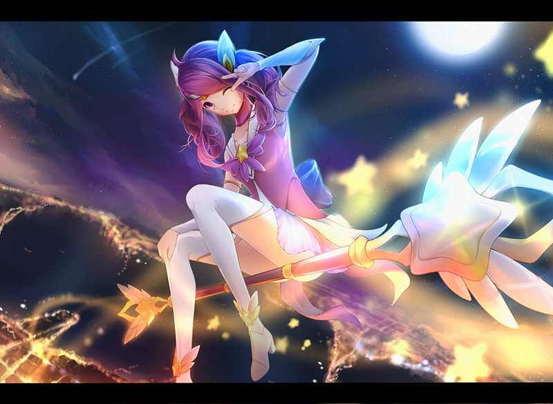 1girl lancefate league_of_legends letterboxed long_hair looking_at_viewer luxanna_crownguard magical_girl night pink_eyes pink_hair sidesaddle smile solo star thigh-highs v_over_eye wand white_legwear