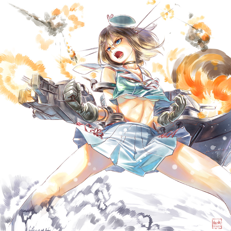 &gt;:o 1girl :o abs black_gloves blue_eyes breasts brown_hair cannon clenched_hands collarbone cowboy_shot firing frown gloves hair_ornament hat headgear kantai_collection looking_to_the_side maya_(kantai_collection) mecha_musume midriff miniskirt mokomokokedama no_bra open_mouth remodel_(kantai_collection) sailor_dress serious shirt short_hair skirt sleeveless sleeveless_shirt solo spread_legs standing turret under_boob