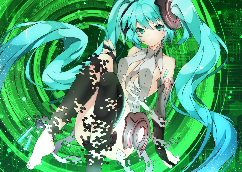 1girl aqua_eyes aqua_hair barefoot bridal_gauntlets colored elbow_gloves fingerless_gloves gloves hatsune_miku long_hair looking_at_viewer miku_append necktie shito_(ash_shito) solo thigh-highs twintails very_long_hair vocaloid vocaloid_append yamai_fake