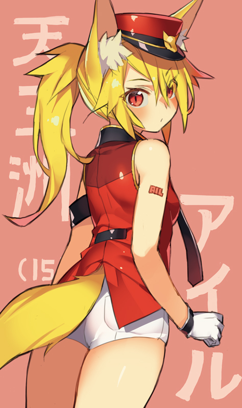 1girl animal_ears bare_shoulders blonde_hair blush cowboy_shot fox_ears fox_tail from_behind gloves hat itsuwa_(lethal-kemomimi) long_hair looking_at_viewer pink_background ponytail red_eyes short_shorts shorts slit_pupils solo tail uniform white_gloves