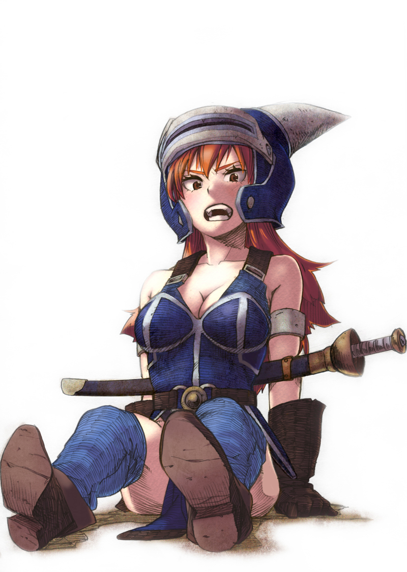 1girl ankle_boots armlet armor bare_shoulders belt boots breasts brown_boots brown_gloves cleavage collarbone daisy_(dq) dragon_quest dragon_quest_yuusha_abel_densetsu gloves helmet horikoshi_kouhei horned_helmet kneehighs long_hair looking_at_viewer open_mouth orange_eyes sheath sheathed simple_background sitting solo sword teeth weapon white_background