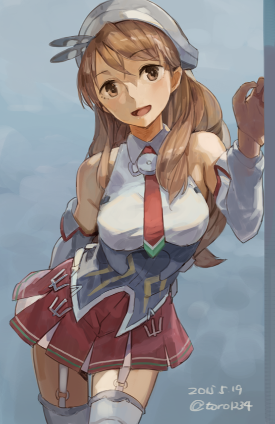 1girl 2015 :d bare_shoulders brown_eyes brown_hair corset dated detached_sleeves garter_straps hair_down kantai_collection littorio_(kantai_collection) long_hair long_sleeves maid_headdress necktie open_mouth smile solo thigh-highs toro_(konirio) twitter_username