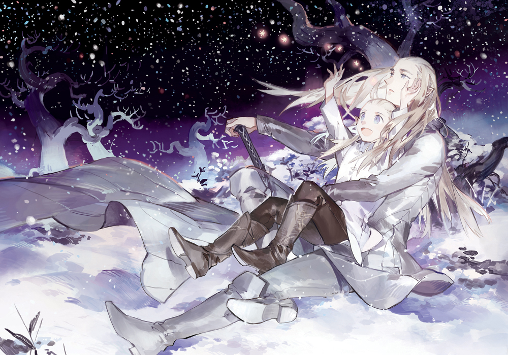 2boys :d arm_up bare_tree blonde_hair blue_eyes boots coat elf father_and_son knee_boots legolas long_hair looking_away looking_up lord_of_the_rings male_focus multiple_boys open_mouth outdoors pants pointy_ears sitting sitting_on_lap sitting_on_person smile snow snowing starshadowmagician thranduil tree wind winter