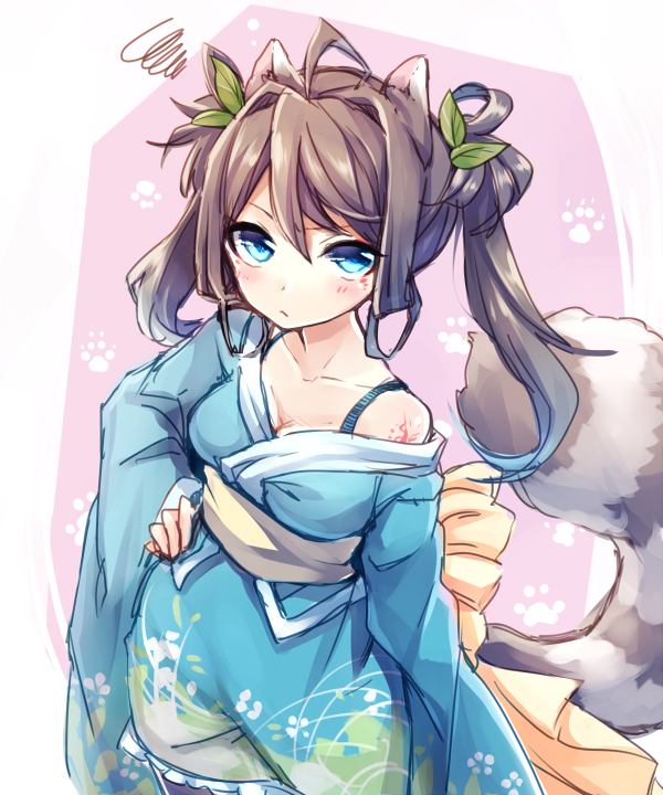 1girl animal_ears blue_eyes brown_hair hair_ornament japanese_clothes kimono leaf_hair_ornament long_hair long_sleeves obi off_shoulder original paw_print raccoon_ears raccoon_tail sash solo tail tanuki twintails wide_sleeves yuya_(night_lily)