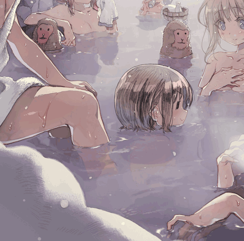 animated animated_gif blush lowres multiple_girls nude onsen saki saki_achiga-hen smile snow snowing tagme towel water
