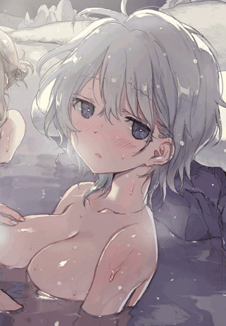 animated animated_gif blush breasts lowres nude onsen saki saki_achiga-hen smile snow snowing tagme towel water