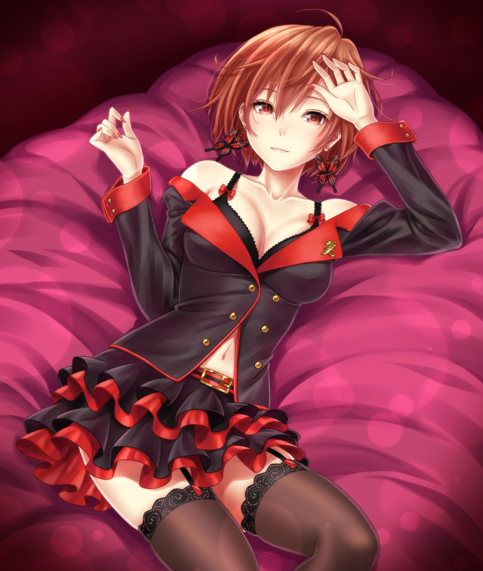 1girl asami_(undoundo) black_bra black_legwear bra breasts brown_hair cleavage earrings garter_straps jewelry lace lace-trimmed_thighhighs light_smile long_sleeves looking_at_viewer meiko nail_polish navel project_diva_(series) red_eyes red_nails short_hair skirt solo thigh-highs underwear vocaloid