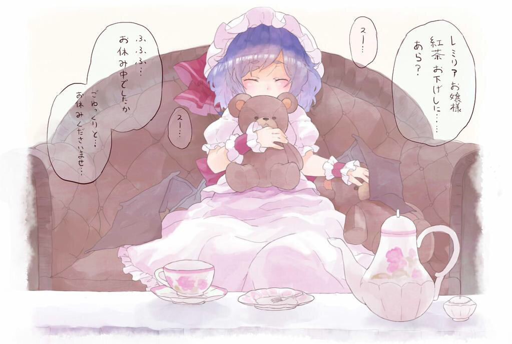 1girl bat_wings blue_hair closed_eyes cup dress fork hat hat_ribbon mob_cap pink_dress plate puffy_short_sleeves puffy_sleeves remilia_scarlet ribbon short_sleeves shunsuke sitting solo stuffed_animal stuffed_toy table teacup teapot teddy_bear touhou translation_request wings wrist_cuffs