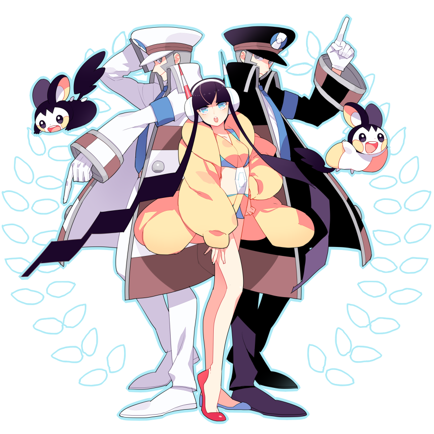 1girl 2boys bare_legs black_hair blue_eyes coat emolga fur_coat gloves grey_eyes gum_(gmng) gym_leader hat headphones high_heels kamitsure_(pokemon) kudari_(pokemon) long_hair looking_at_viewer mismatched_footwear multiple_boys necktie nobori_(pokemon) peaked_cap pointing pointing_down pointing_up pokemon pokemon_(creature) pokemon_(game) pokemon_bw2 short_hair silver_hair twintails uniform very_long_hair white_gloves