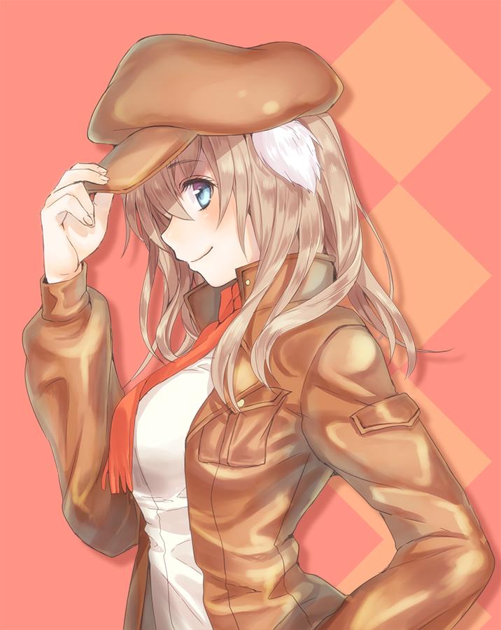 1girl animal_ears argyle argyle_background blue_eyes blush brown_hair from_side hand_on_headwear jacket long_hair pomery scarf smile solo strike_witches upper_body wilma_bishop