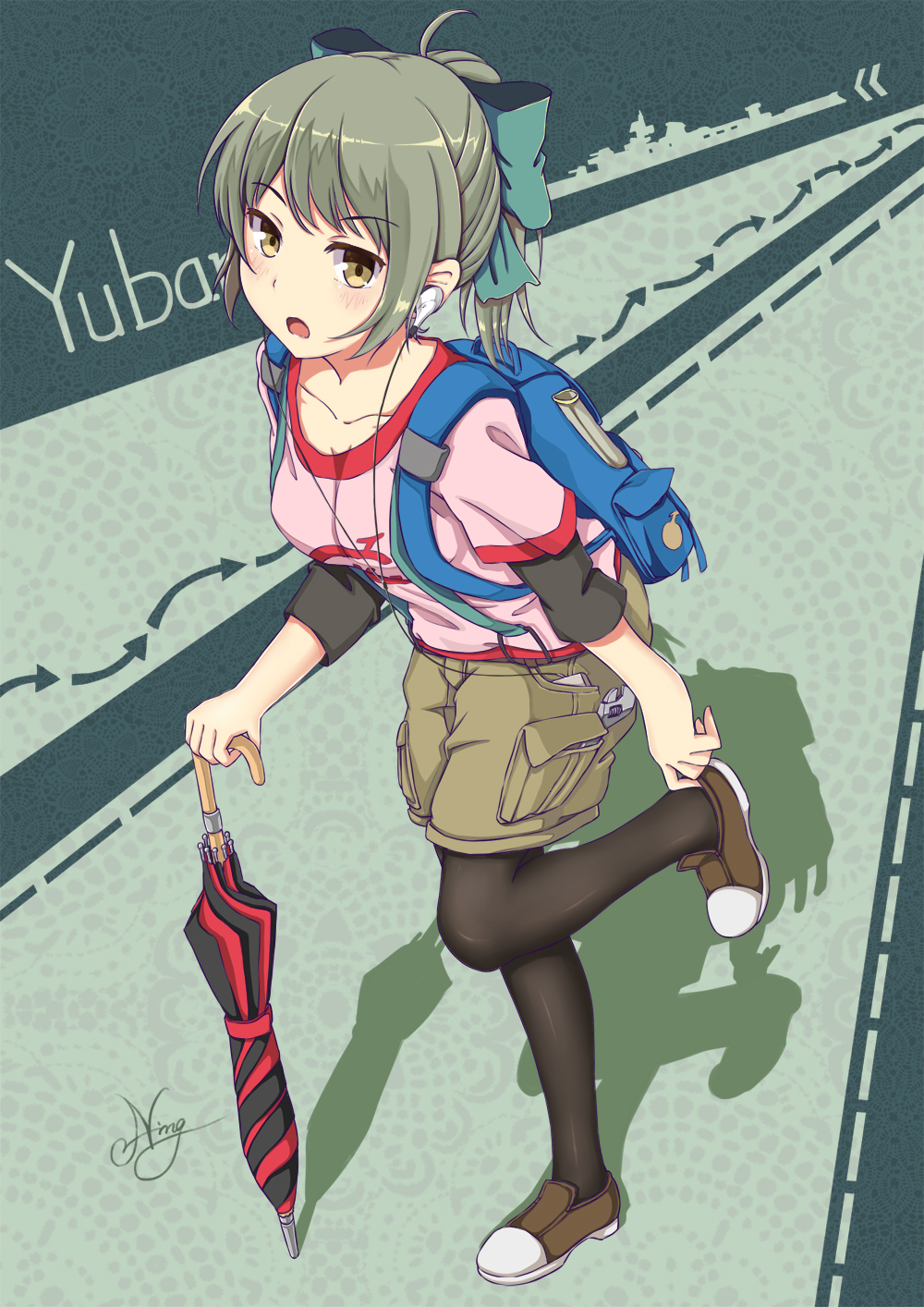 1girl adjustable_wrench ahoge alternate_costume backpack bag black_legwear bow brown_eyes casual character_name collarbone dawn_(664387320) earphones grey_hair hair_bow highres kantai_collection looking_at_viewer one_leg_raised open_mouth pantyhose ponytail shorts signature solo umbrella yuubari_(kantai_collection)