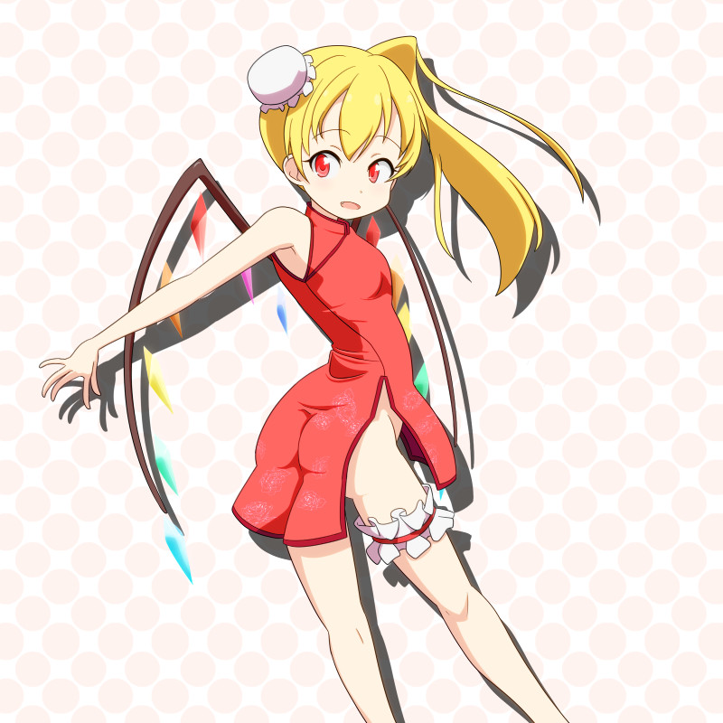 1girl ass bare_arms bare_shoulders blonde_hair bun_cover cato_(monocatienus) china_dress chinese_clothes dress flandre_scarlet hair_bun long_hair no_panties open_mouth red_dress red_eyes side_ponytail side_slit sleeveless sleeveless_dress solo thigh_strap touhou wings