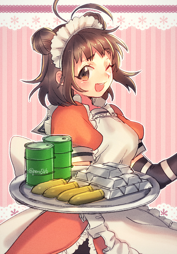 1girl ammunition apron brown_eyes brown_hair double_bun drum gloves instrument kantai_collection maid_headdress metal naka_(kantai_collection) one_eye_closed poroi_(poro586) short_hair smile tray