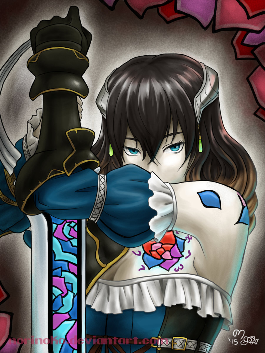 1girl bare_shoulders black_hair bloodstained:_ritual_of_the_night blue_eyes breasts brown_hair cleavage covered_mouth detached_sleeves gradient_hair hair_between_eyes highres looking_at_viewer miriam_(bloodstained) mismatched_sleeves multicolored_hair norinoko pale_skin planted_sword planted_weapon short_hair single_gauntlet solo sword tattoo weapon