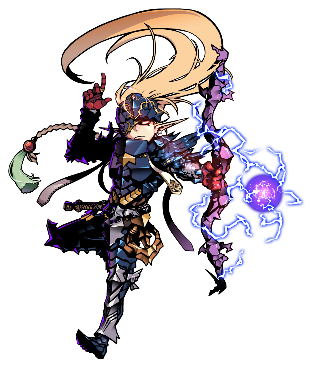 androgynous armor blonde_hair bow_(weapon) earrings electricity energy_ball eyepatch fantasy forehead_protector full_armor full_body gauntlets glowing glowing_eye greaves highres jewelry long_hair pointy_ears red_eyes solo steward_b weapon white_background