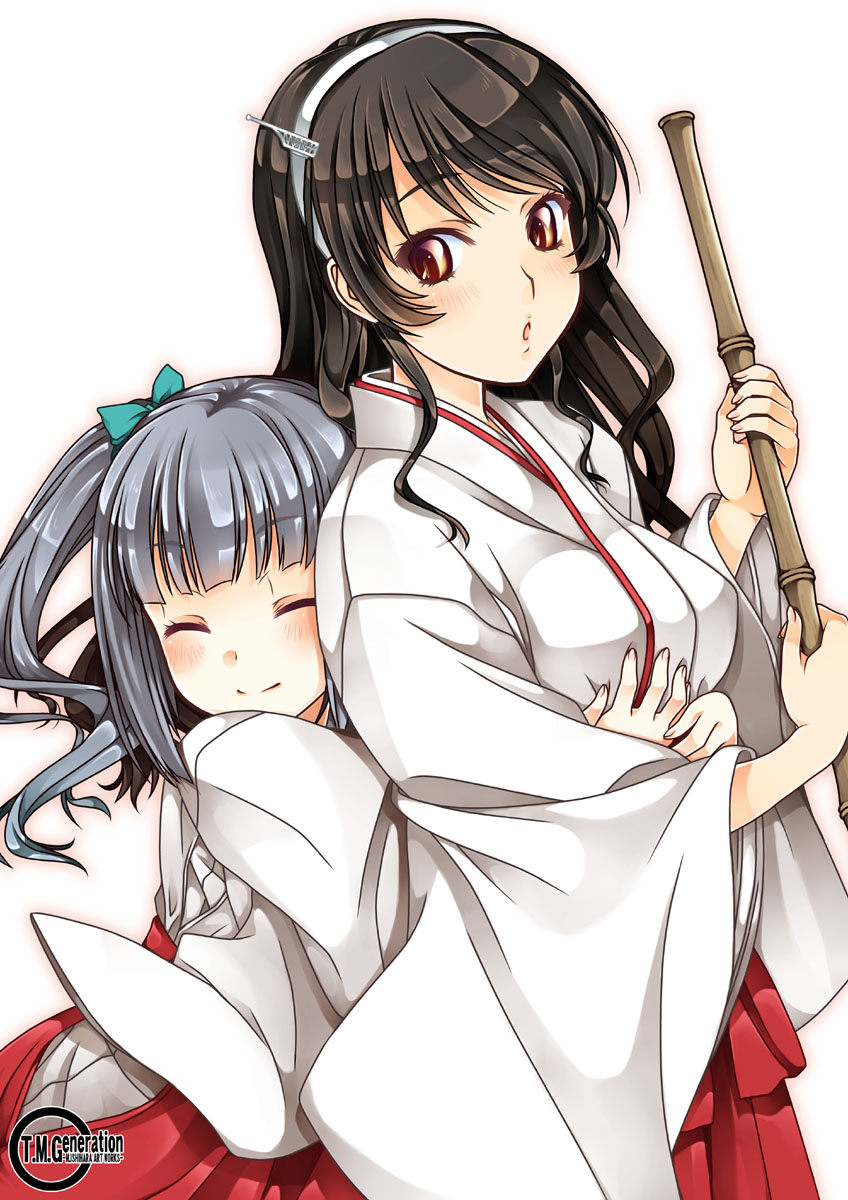 2girls :o alternate_costume ashigara_(kantai_collection) blush breasts broom brown_hair cleavage from_behind grey_hair hairband highres holding hug hug_from_behind ishihara_masumi japanese_clothes kantai_collection kasumi_(kantai_collection) long_hair looking_at_another miko multiple_girls open_mouth red_eyes smile