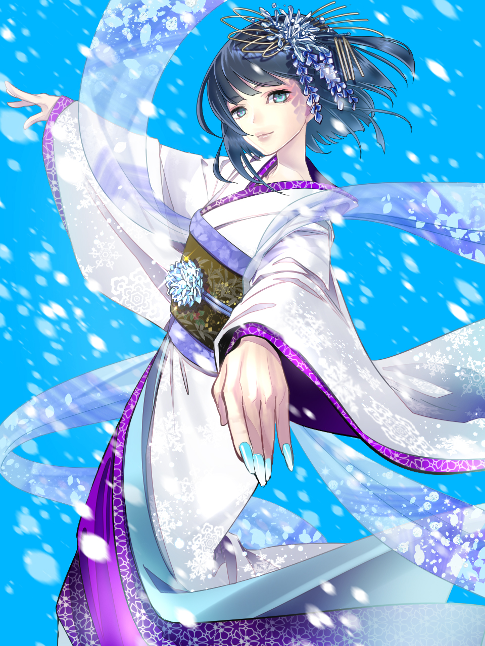 bangs blue_hair closed_mouth hair_ornament highres hisho_collection japanese_clothes kaekae kimono pink_lips snowing