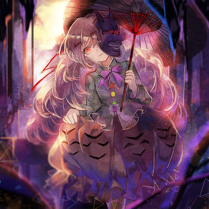 1girl blurry bowtie bubble_skirt covering_one_eye frills hata_no_kokoro jpeg_artifacts light_particles long_hair long_sleeves looking_at_viewer mask noh_mask oriental_umbrella parted_lips pink_hair plaid plaid_shirt red_eyes shirt skirt skirt_hold solo string touhou umbrella vima