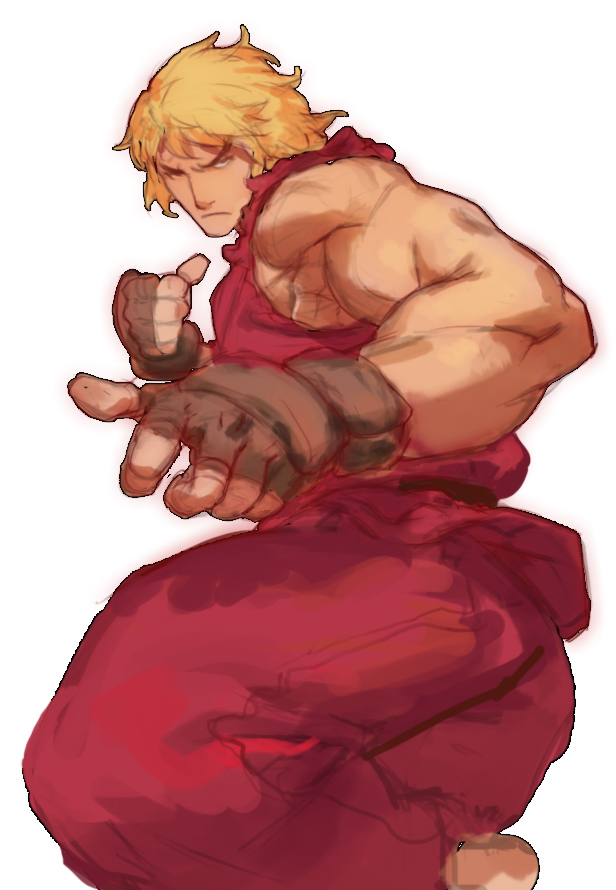 1boy barefoot blonde_hair clenched_hand dougi fighting_stance fingerless_gloves fl_(l-fl) gloves ken_masters male_focus muscle short_hair solo street_fighter