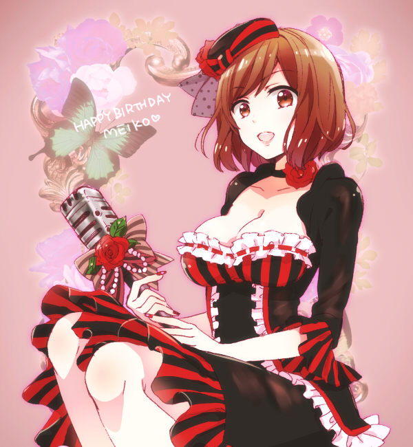 big_breasts brown_eyes brown_hair butterfly dress happy hat meiko microphone nail_polish short_hair vocaloid