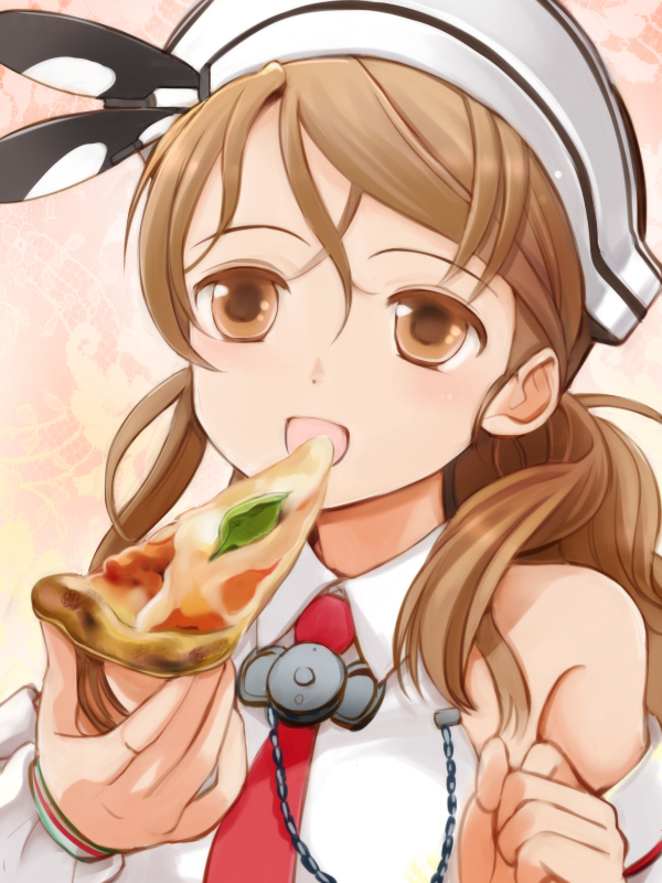 1girl brown_eyes brown_hair chain food hat kantai_collection littorio_(kantai_collection) long_hair necktie pizza ponytail primary_stage smile solo