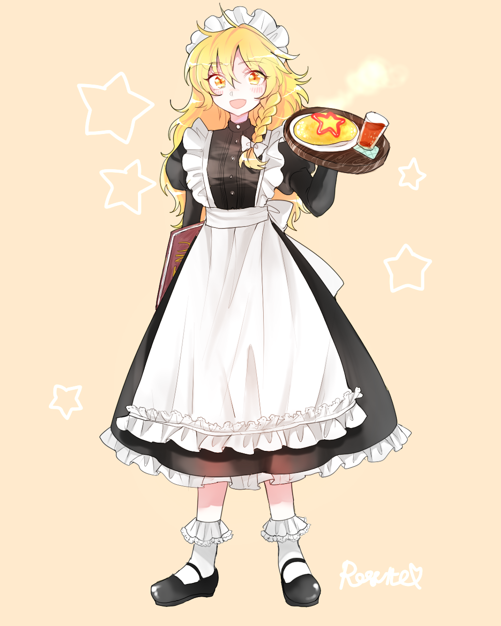 1girl alternate_costume amber_eyes apron black_dress blonde_hair braid dress drinking_glass enmaided highres juliet_sleeves kirisame_marisa long_hair long_sleeves maid maid_apron maid_headdress menu omelet open_mouth puffy_sleeves rosette_(roze-ko) single_braid smile star touhou tray very_long_hair