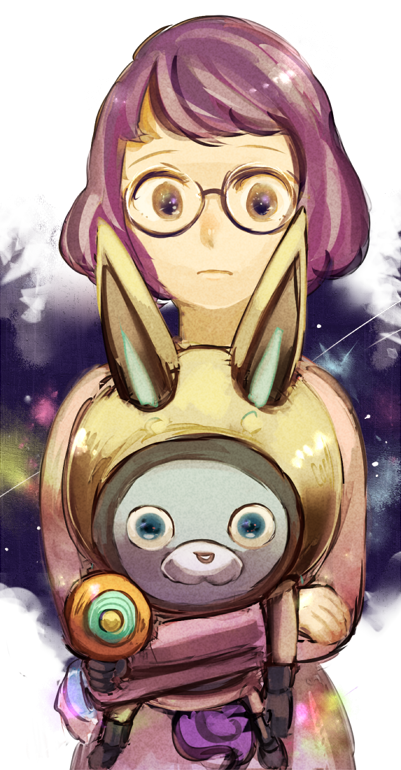 1girl aiming_at_viewer animal_ears blue_eyes glasses helmet holding light_frown looking_at_viewer misora_inaho neko_ni_chikyuu purple_hair rabbit_ears short_hair spacesuit usapyon violet_eyes youkai youkai_watch youkai_watch_3