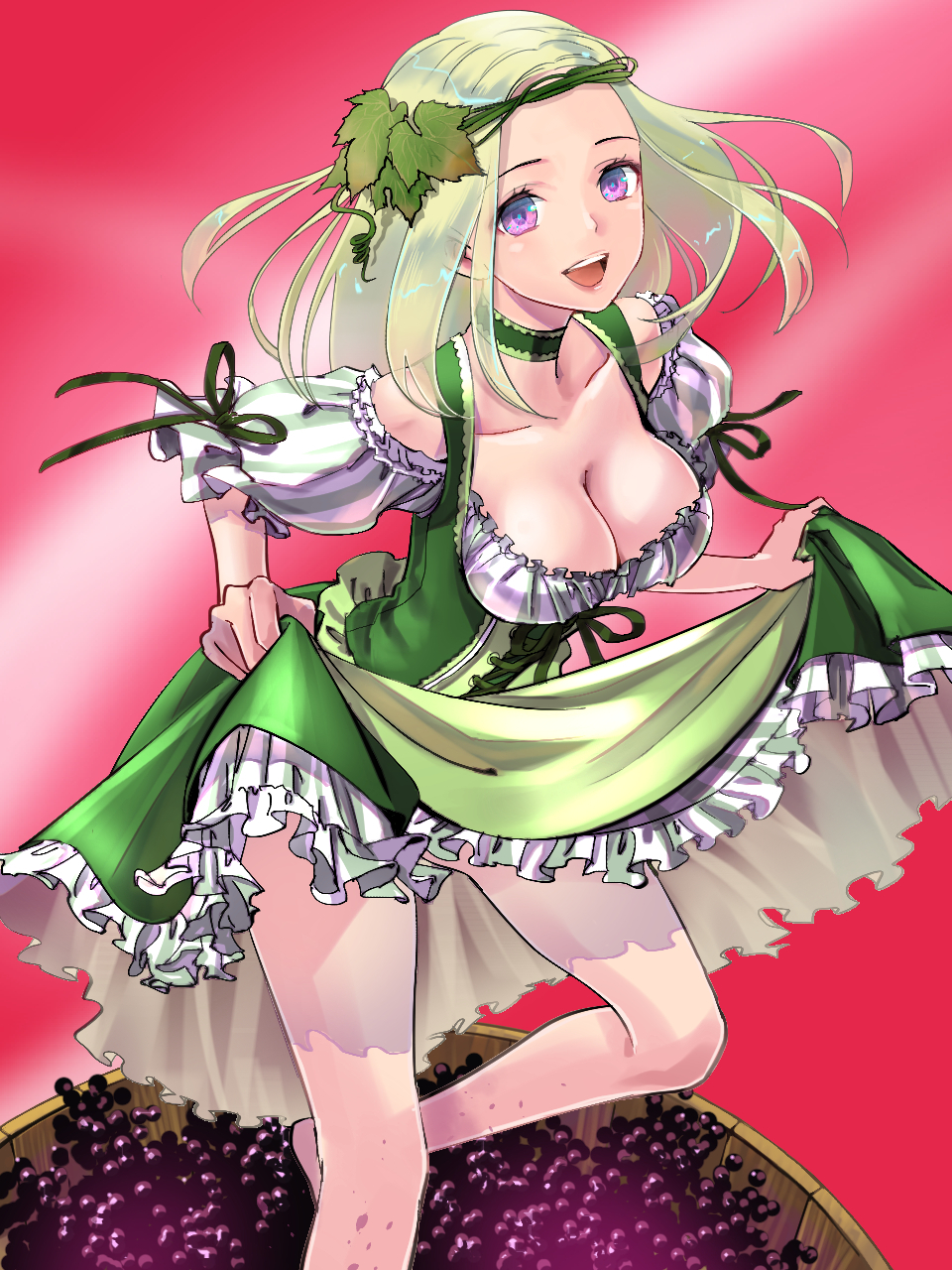 breasts cleavage dirndl food fruit german_clothes grapes highres hisho_collection kaekae open_mouth skirt_hold