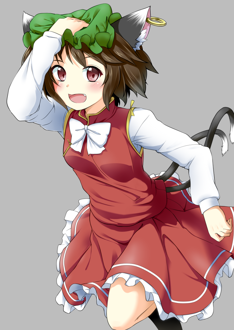 1girl :d animal_ears blush cat_ears cat_tail chen chinese_clothes frilled_skirt frills hat holding holding_hat jewelry kitsunetsu_(rcu_be1s) looking_at_viewer mob_cap multiple_tails open_mouth red_eyes shirt short_hair single_earring skirt smile solo tabard tail touhou two_tails