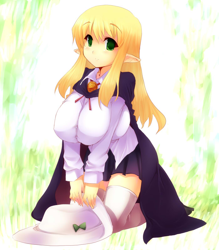 blouse breasts brooch cape cleavage elf goban green_eyes hat huge_breasts jewelry kneeling leaning_forward long_hair pointy_ears skirt smile solo thigh-highs thighhighs tiffania_westwood white_thighhighs zero_no_tsukaima zettai_ryouiki