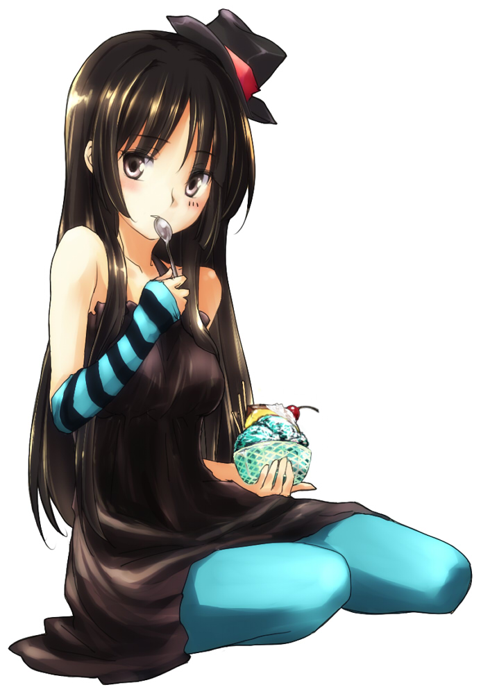 1girl akiyama_mio black_eyes black_hair blue_legwear blush don't_say_"lazy" don't_say_lazy dorago dress eating food hat ice_cream k-on! kneeling long_hair pantyhose simple_background solo spoon top_hat turquoise_pantyhose