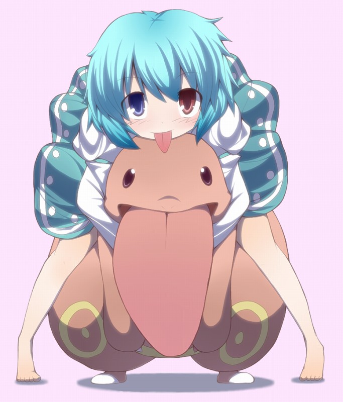 1girl :p barefoot crossover heterochromia hug kuromiya lickitung pokemon pokemon_(creature) tatara_kogasa tongue touhou