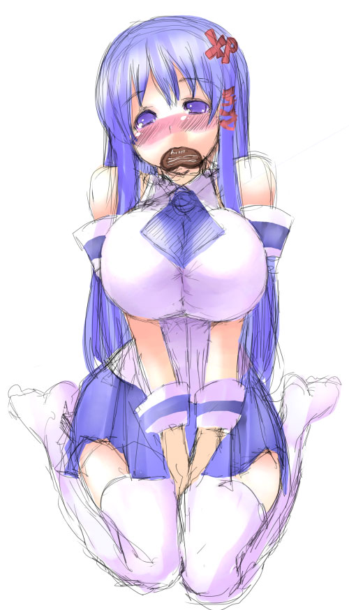 blue_hair breasts cleavage detached_sleeves goban large_breasts long_hair os sketch smile solo thigh-highs thighhighs white_legwear white_thighhighs xp