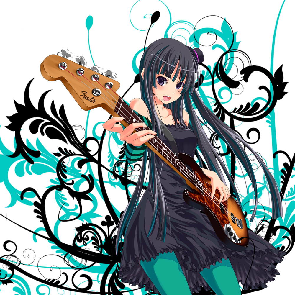 1girl akiyama_mio bass bass_guitar black_eyes black_hair blue_legwear don't_say_"lazy" don't_say_lazy dress facepaint fingerless_gloves foreshortening frills gloves guitar hat instrument k-on! long_hair mini_top_hat pantyhose solo top_hat turquoise_pantyhose unasaka_ryou